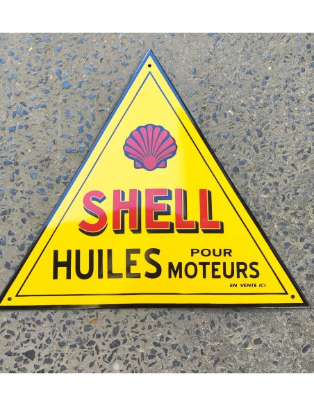 Plaque émaillée bombé triangle Shell huiles moteurs déco pub garage