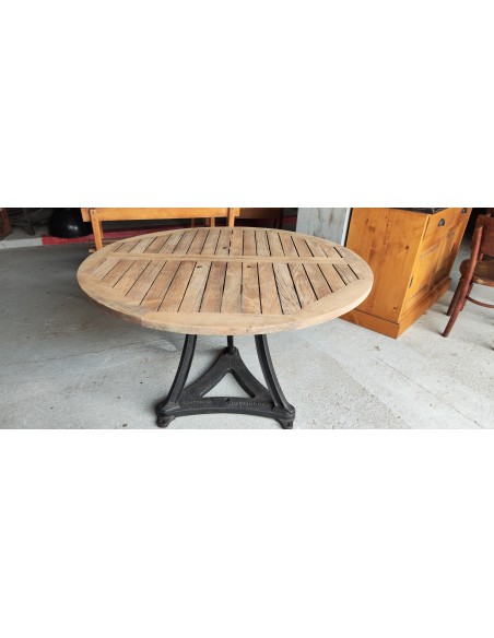 Table Industrielle pied en fonte et plateau en teck